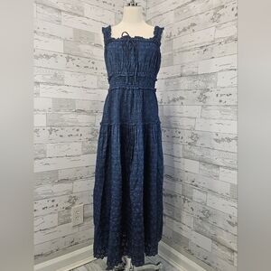 Gap × DÔEN Eyelet Denim Midi Dress Xlarge Tiered Skirt Scalloped Hem Feminine